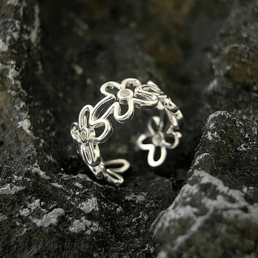 Bague vintage réglable en argent 925 avec fleur
