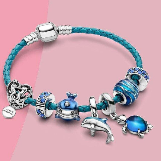 Bracelet Océan en Cuir et Argent avec Breloques